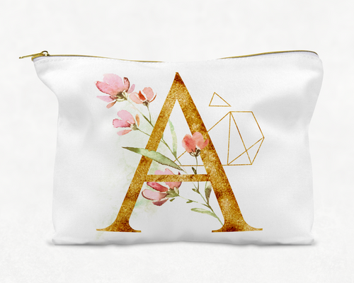 White With Gold Zipper Cosmetic or Small Tote Bag Monogram with Gold Geometric Initial
