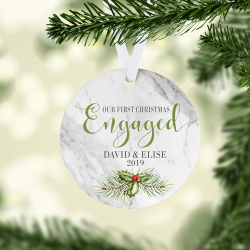Personalized First Christmas Engaged Round Aluminum Ornament
