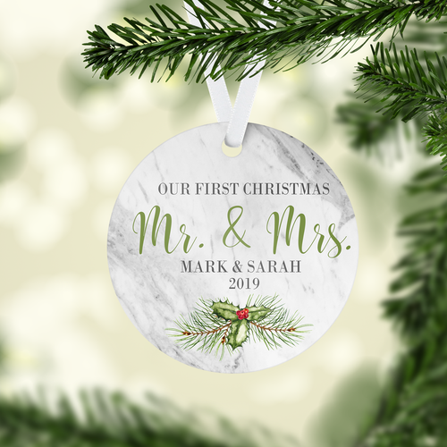 Personalized First Christmas Married Round Aluminum Ornament